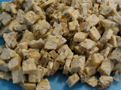 Chopped steamed tempeh.