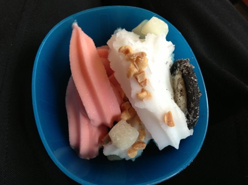 Strawberry Lemonade & Coconut Non-Dairy Sorbets with Strawberries, Blackberries, Peanuts, Mochi, and Oreo Style Chocolate Cookie