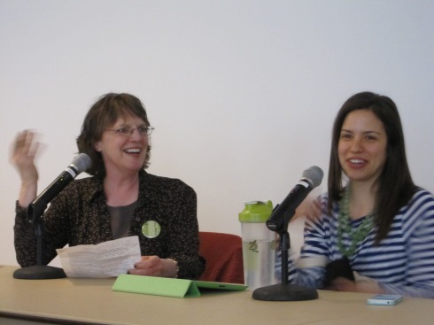 Ginny Messina, R.D. (in black), sitting next to Gena Hamshaw during, "How Hot Topics in Nutrition Influence Vegan Advocacy"