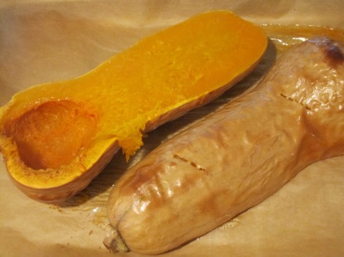 Baked butternut squash. (One half flipped over to show what it looks like after baking.)