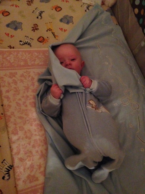 Todd grabbing at his loose bedding - January 22, 2015