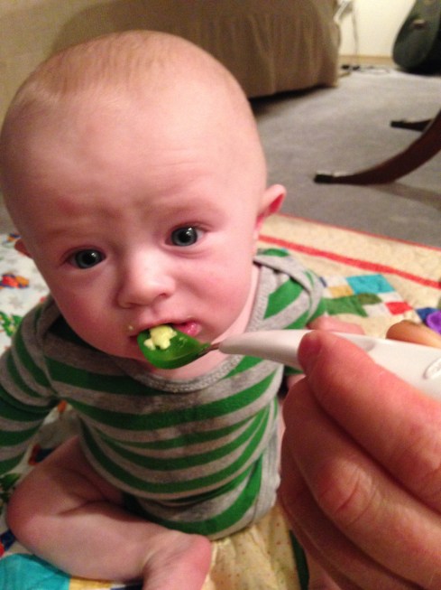 First solid food - guacamole - 5 months old - January 25, 2015