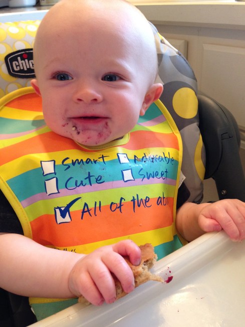 Who wouldn't smile for a blueberry pancake? - 9.5 months old - June 2, 2015