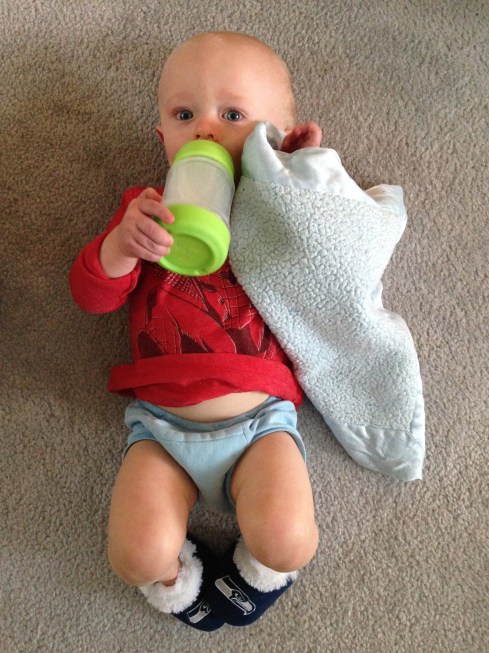 Green Sprouts sippy & "pillow blanket" & Seahawks fuzzy slippers - September 14, 2015