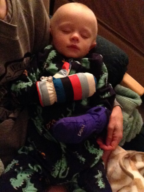 Wearing his ski mitts before bed - March 2, 2016